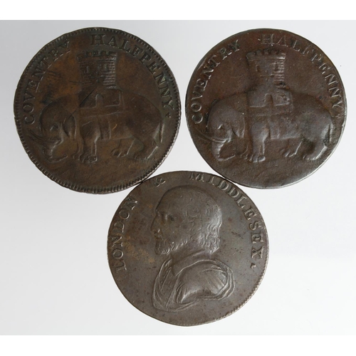 691 - Tokens, 18thC (3) copper Halfpennies: 2x Coventry Lady Godiva 1792 VF, and a Shakespeare 1792 VF