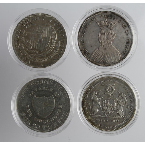 692 - Tokens, 19thC silver Shillings (4): Birmingham Workhouse 1811 aVF/F; Frome Selwood (Somerset) Willou... 