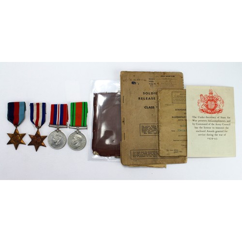 1780 - WW2 group with 1939-45 star, F&G star, Defence and War medals, soldiers service and pay book, releas... 