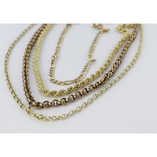 148 - Four 9ct chains, various styles and lengths. Total weight 34.8g