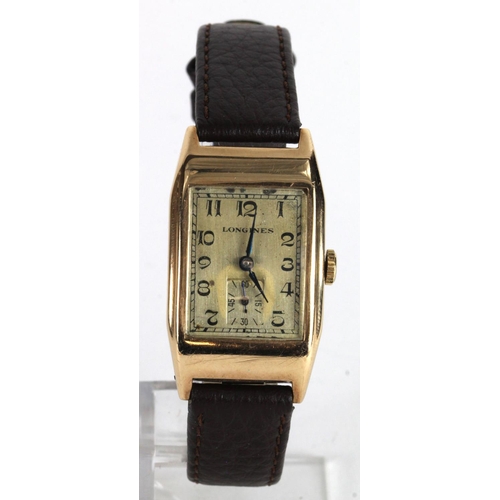 355 - Gents 9ct cased Longines wristwatch, hallmarked 1934. Case inscribed 5279536. On a later leather str... 