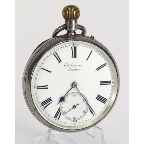 362 - Gents silver cased open face pocket watch by Benson. Hallmarked London 1895. The white dial with rom... 