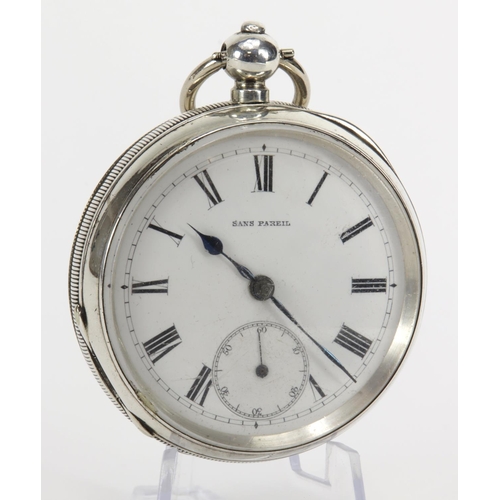 363 - Gents silver cased open face pocket watch (case stamped 0.935). The white dial signed 