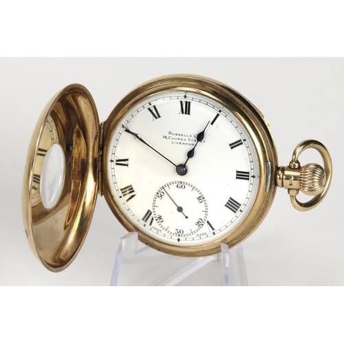 364 - Gents 9ct cased half hunter pocket watch by Russells. Hallmarked Birmingham 1925. The white dial wit... 