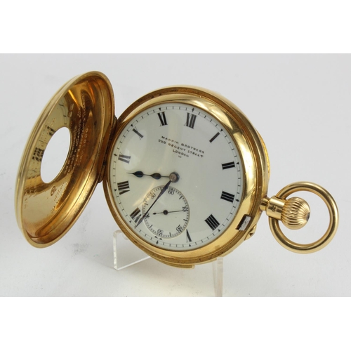 366 - Gents 18ct cased Half hunter repeater pocket watch. The signed white dial by Mappin Brothers with bl... 