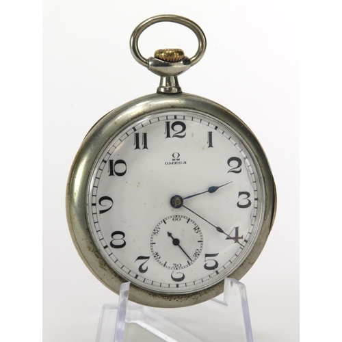 367 - Gents Stainless Steel open Face pocket watch by Omega. Movement signed and numbered 6023138. The whi... 