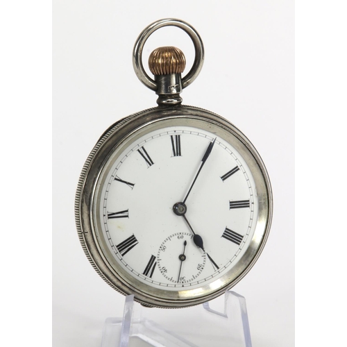 368 - Gents silver cased open face pocket watch, hallmarked Birmingham 1906. The white dial with black rom... 