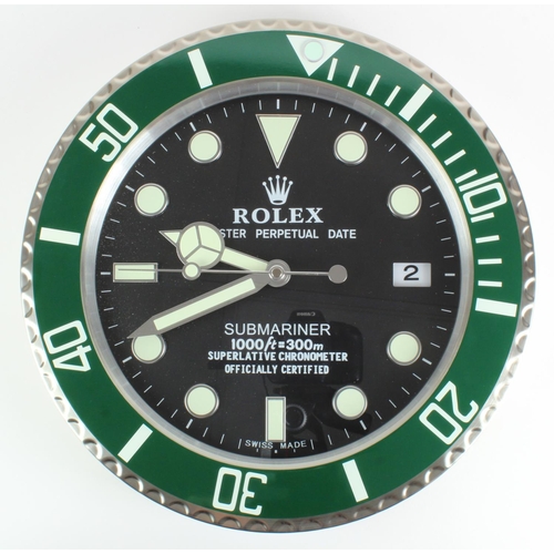 419 - Advertising Wall Clock. Green 'Rolex' advertising wall clock, black dial reads 'Rolex Oyster Perpetu... 