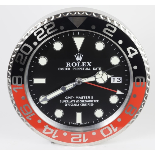 427 - Advertising Wall Clock. Black, red & chrome 'Rolex' advertising wall clock, black dial reads 'Rolex ... 