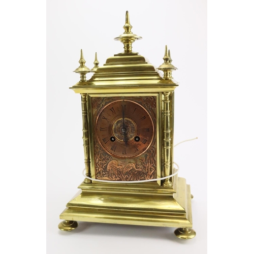 430 - Brass mantel clock with copper panels depicting birds amongst foliage, movement in need of some rest... 