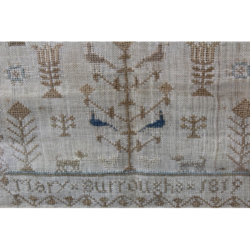 496 - Regency needlework Sampler by Mary Burrows 1819. Depicting birds, animals and plants. Measures appro... 