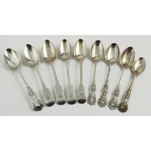 585 - Mixed lot of nine silver teaspoons, includes four Georgian Edinburgh, three Victorian Glasgow and tw... 