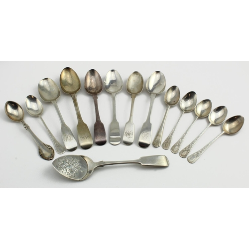 589 - Mixed lot of 14 silver hallmarked spoons includes three Georgian teaspoons, three Victorian teaspoon... 