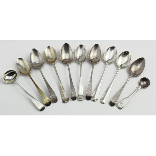 590 - Mixed lot of 11 silver spoons comprising four 18th century teaspoons, six early 19th century spoons ... 