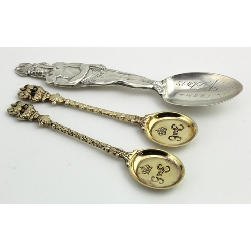 591 - Three souvenir silver spoons comprising an impressive spoon depicting a Native American in full dres... 