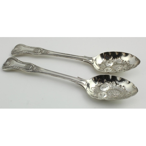 597 - Two King's pattern, heavy, lovely quality, silver berry/ fruit spoons, hallmarked CB London 1896 & 1... 