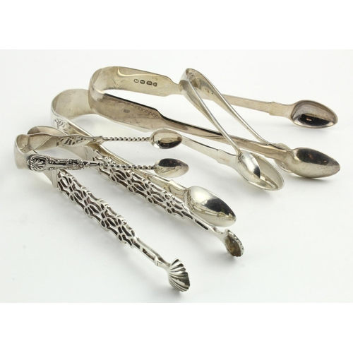 602 - Mixed lot of five pairs of silver sugar tongs includes three Georgian types (one early type with cas... 