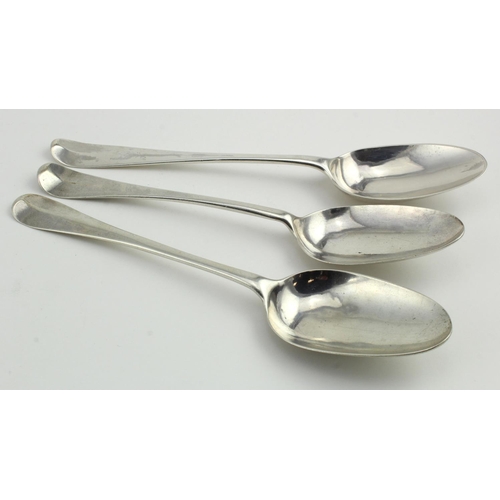 605 - Three Hanoverian silver tablespoons, all hallmarked for London, one date letter unreadable and two b... 