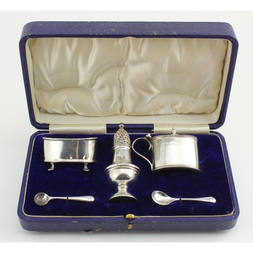 612 - Boxed, silver, three piece cruet set comprising salt, pepper and mustard pot plus two silver spoons ... 