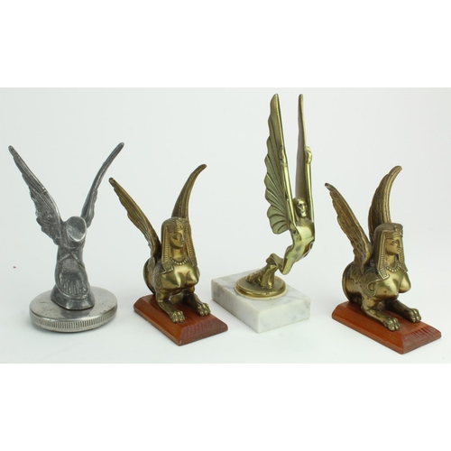 864 - Vintage Winged Car Mascots  Winged man. Winged Sphinx (x2). Hermes Greek Winged Foot.  No makers ma... 