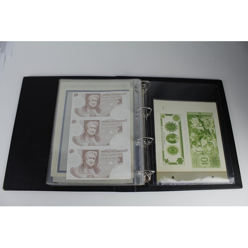 13 - Paper ephemera, Advertising and Test Notes (38) in an album, including Waterlow & Sons, De La Rue, B... 