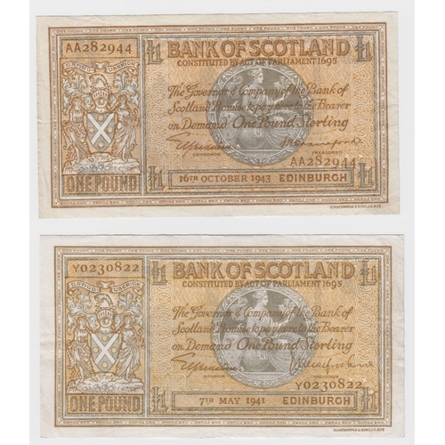 414 - Scotland, Bank of Scotland 1 Pound (2), dated 16th October 1943 serial AA282944 (PMS BA95d, Pick91c)... 