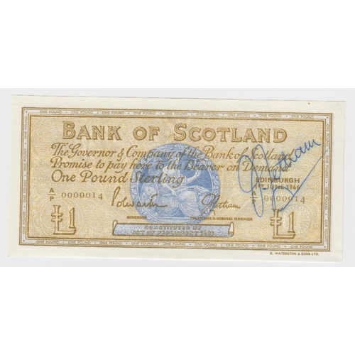 415 - Scotland, Bank of Scotland 1 Pound dated 1st June 1966, a FIRST RUN Very LOW serial number A/P 00000... 