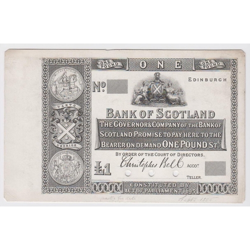 416 - Scotland, Bank of Scotland 1 Pound PROOF on card not dated, handwritten date in border Sept. 1880, 3... 