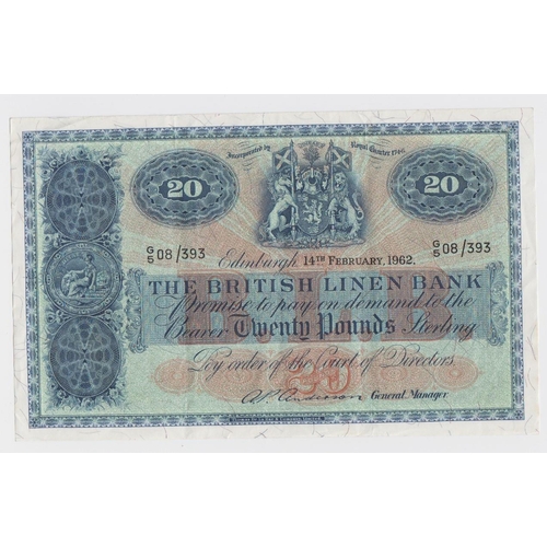 424 - Scotland, British Linen Bank 20 Pounds dated 14th February 1962, signed A.P. Anderson, serial G/5 08... 