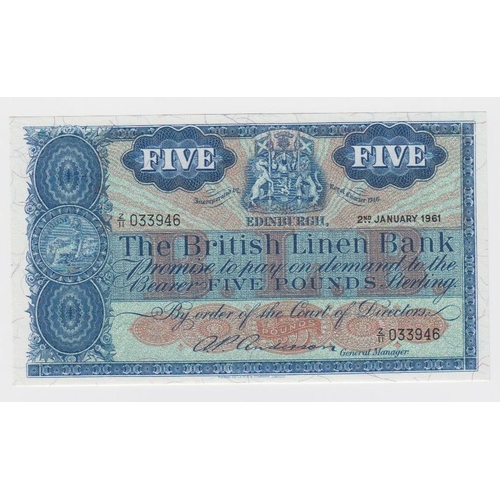 425 - Scotland, British Linen Bank 5 Pounds dated 2nd January 1961, signed A.P. Anderson, FIRST PREFIX for... 