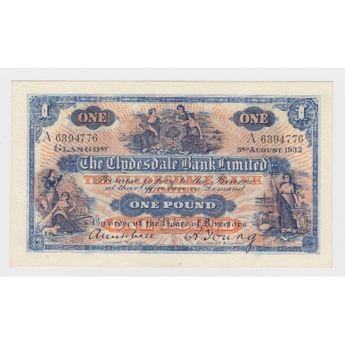 430 - Scotland, Clydesdale Bank 1 Pound dated 3rd August 1932, scarce early date of issue, signed Mitchell... 