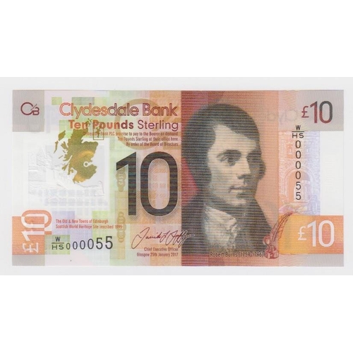 431 - Scotland, Clydesdale Bank 10 Pounds dated 25th January 2017, new polymer issue with VERY LOW No. FIR... 