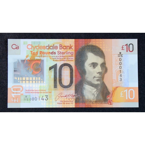 432 - Scotland, Clydesdale Bank 10 Pounds dated 25th January 2017, new polymer issue with VERY LOW No. FIR... 