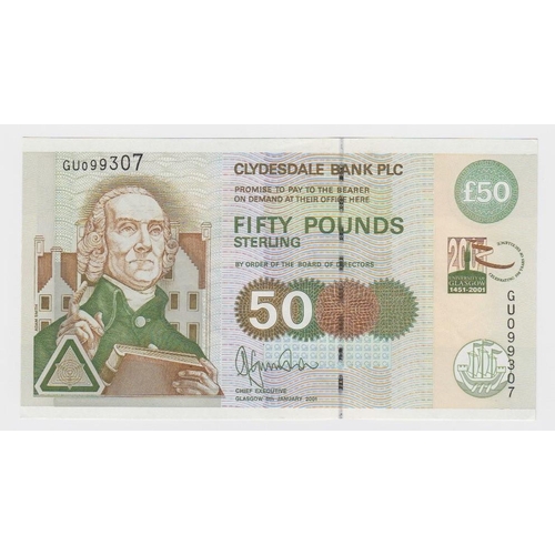 433 - Scotland, Clydesdale Bank 50 Pounds dated 6th January 2001, commemorative note University of Glasgow... 