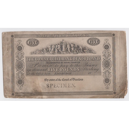 438 - Scotland, Commercial Bank of Scotland uniface 5 Pounds PROOF SPECIMEN on card, not dated 18xx, (PMS ... 