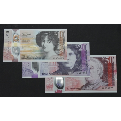 445 - Scotland, Royal Bank of Scotland (3), 50 Pounds dated 27th May 2020 serial AC338273, 20 Pounds dated... 