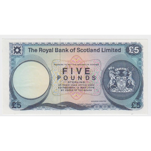 455 - Scotland, Royal Bank of Scotland 5 Pounds dated 3rd May 1976, scarce REMAINDER/ERROR no signature or... 