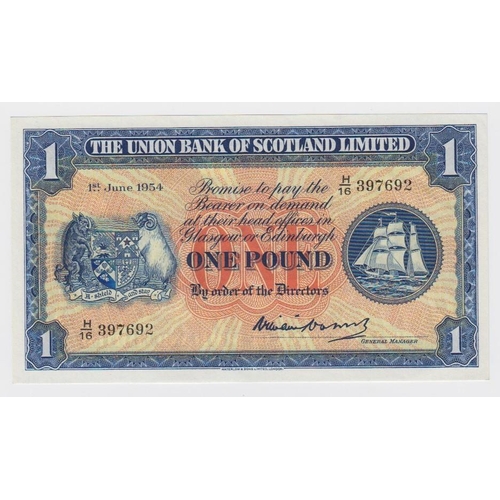 457 - Scotland, Union Bank of Scotland Limited 1 Pound dated 1st June 1954, scarce LAST DATE of issue, sig... 