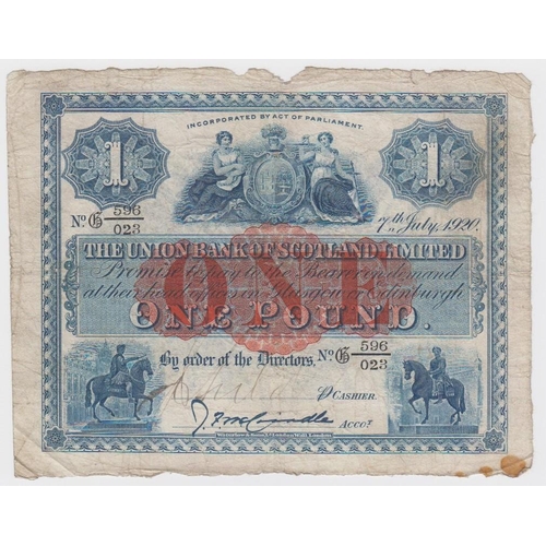 458 - Scotland, Union Bank of Scotland Limited 1 Pound dated 7th July 1920, a very scarce early issue, sig... 