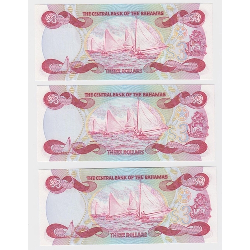 481 - Bahamas 3 Dollars (3) dated Law 1974, signed W. C. Allen, a consecutively numbered run, serial A6372... 