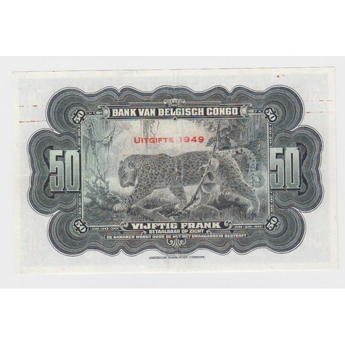 488 - Belgian Congo 50 Francs dated 1949, 'Emission 1949' overprint on front, serial L158942 (TBB B218i, P... 