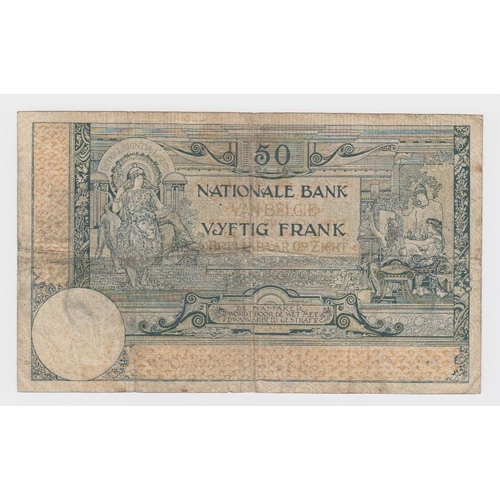 490 - Belgium 50 Francs dated 16th August 1911, serial 092.Z.770 (TBB B530a, Pick68a) tiny centre pinhole,... 