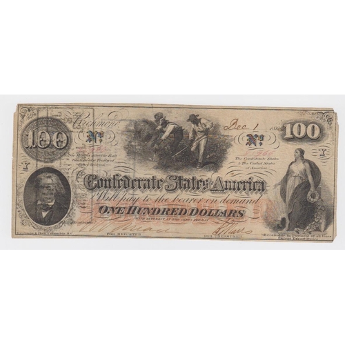 530 - Confederate States of America 100 Dollars dated 1862, rarer early date, serial No. 85966 Plate Y (Pi... 