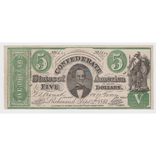 531 - Confederate States of America 5 Dollars dated 2nd September 1861, scarcer issue printer Leggett, Kea... 