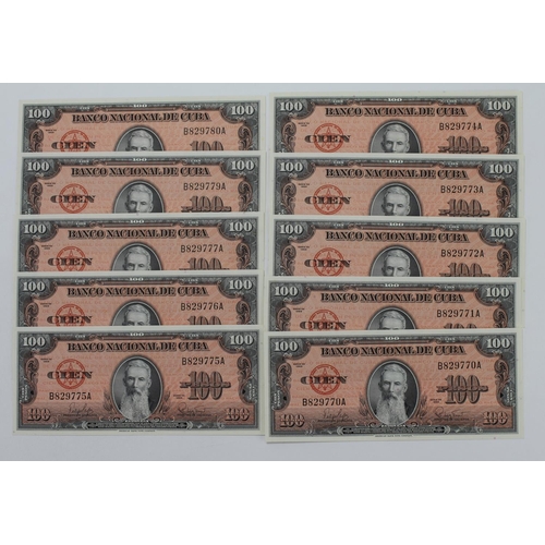 538 - Cuba 100 Pesos (10) dated series of 1959, a consecutively numbered run of 8 and a consecutively numb... 