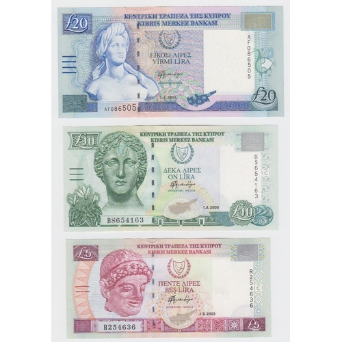 540 - Cyprus (3), 20 Pounds dated 2004, 10 Pounds dated 2005, 5 Pounds dated 2003 (TBB B319 - B321, Pick61... 