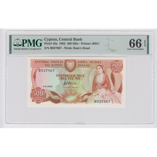 543 - Cyprus 500 Mils dated 1st June 1982, serial B927867 (TBB B305a, Pick45a) in PMG holder graded 66 EPQ... 