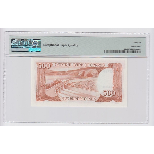 543 - Cyprus 500 Mils dated 1st June 1982, serial B927867 (TBB B305a, Pick45a) in PMG holder graded 66 EPQ... 