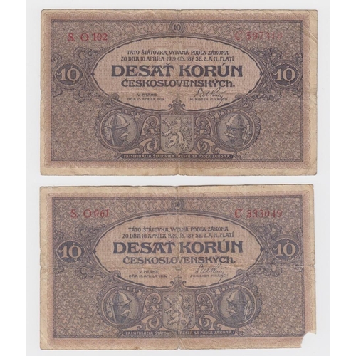 545 - Czechoslovakia 10 Korun (2) dated 15th April 1919 (TBB B110a, Pick9a) about Fine & VG