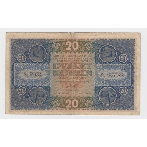 548 - Czechoslovakia 20 Korun dated 15th April 1919, serial S. P034 637933 (TBB B110a, Pick9a) 2 pinholes,... 